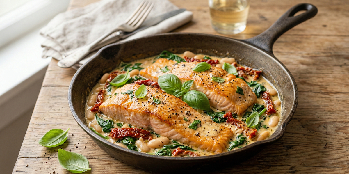 Creamy Tuscan Salmon with Spinach & White Beans Recipe