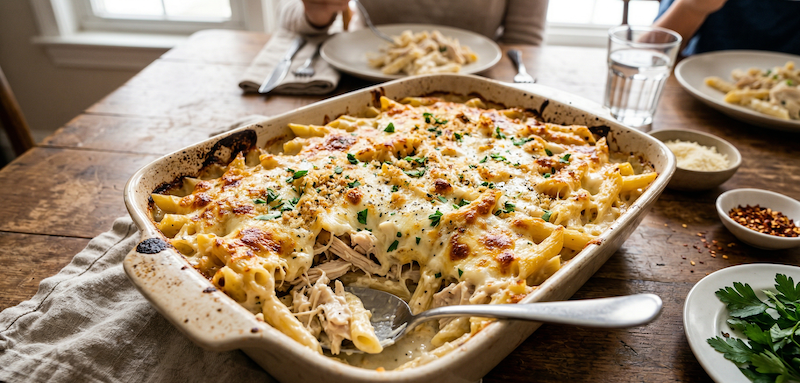 A creamy chicken Alfredo bake with golden melted cheese on top.