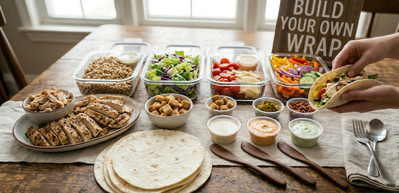 A colorful wrap station with large flour tortillas, seasoned shredded chicken, and an array of fresh toppings including lettuce, tomatoes, cheese, and sauces laid out in bowls for assembling custom wraps