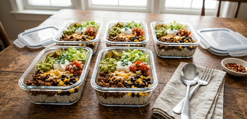 Burrito bowls with beef, rice, beans, and toppings in containers.