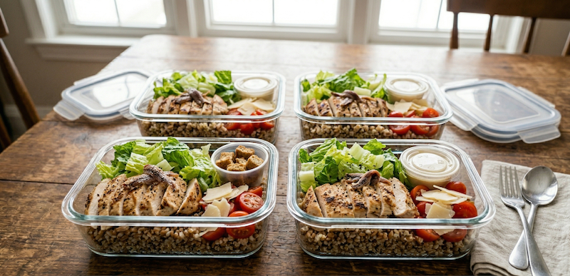 Chicken Caesar salad bowls with grilled chicken and parmesan.