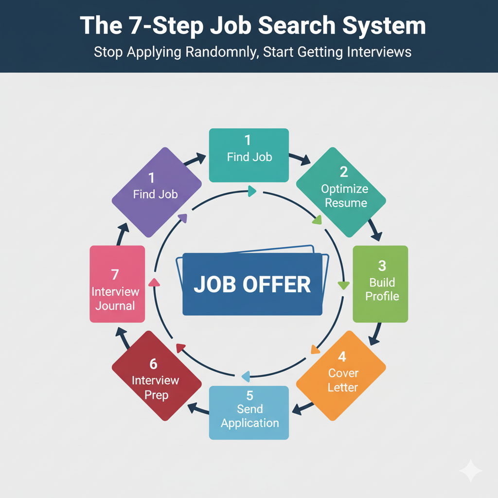 Complete 7-step job search workflow system diagram from finding jobs to landing offers