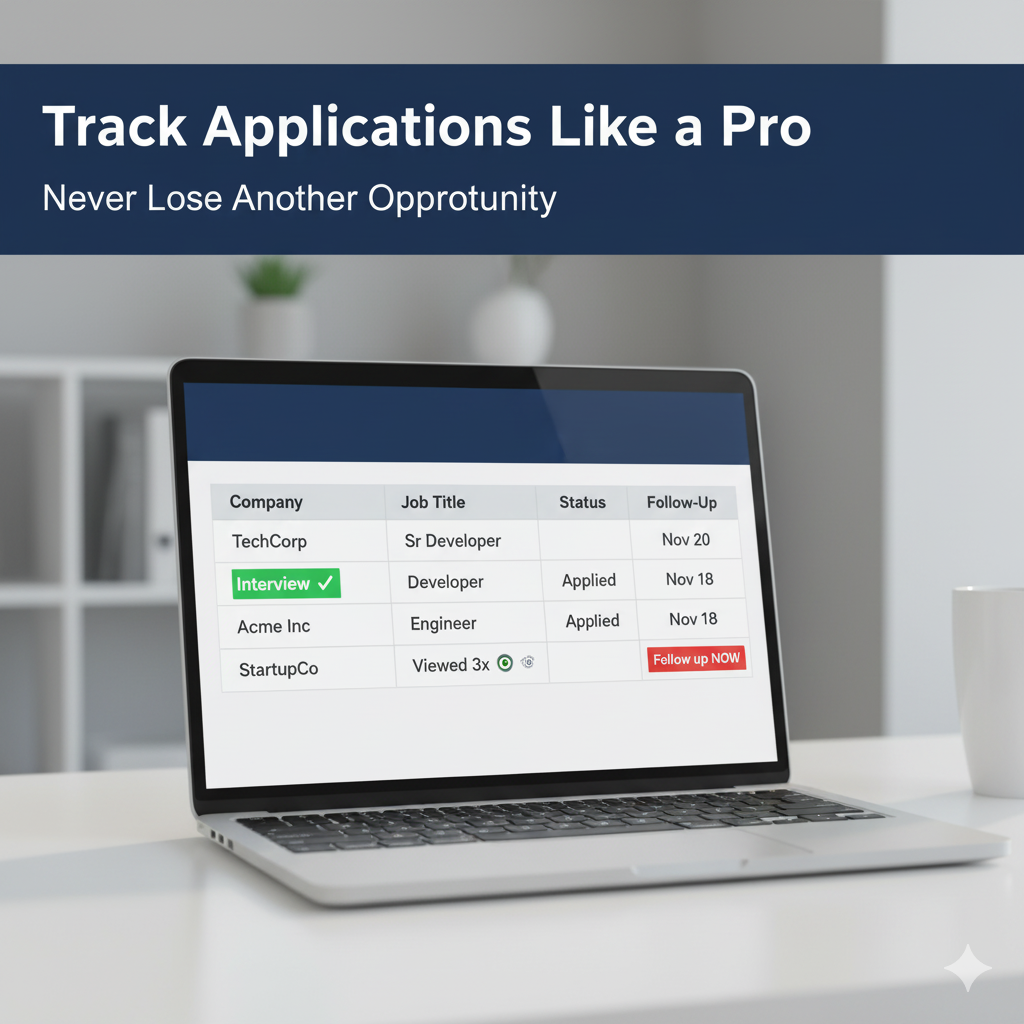 Job application tracking dashboard showing organized job search with status and follow-up dates
