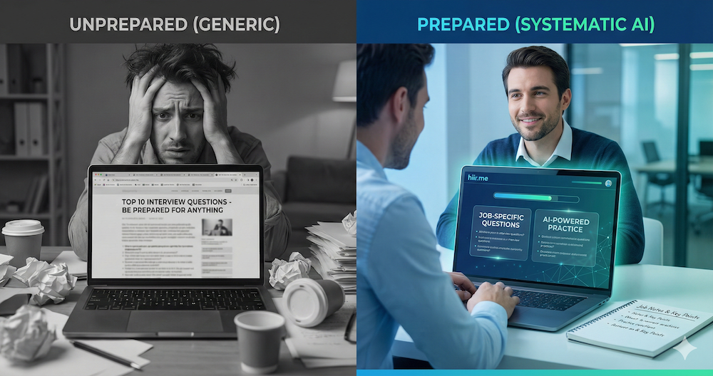 Unprepared versus prepared job interview candidate showing difference between generic and systematic AI-powered interview preparation